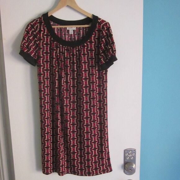 Loft Women Size S Casual Pullover Red Geometric Print Knee Length Dress 38" Bust - Picture 8 of 10